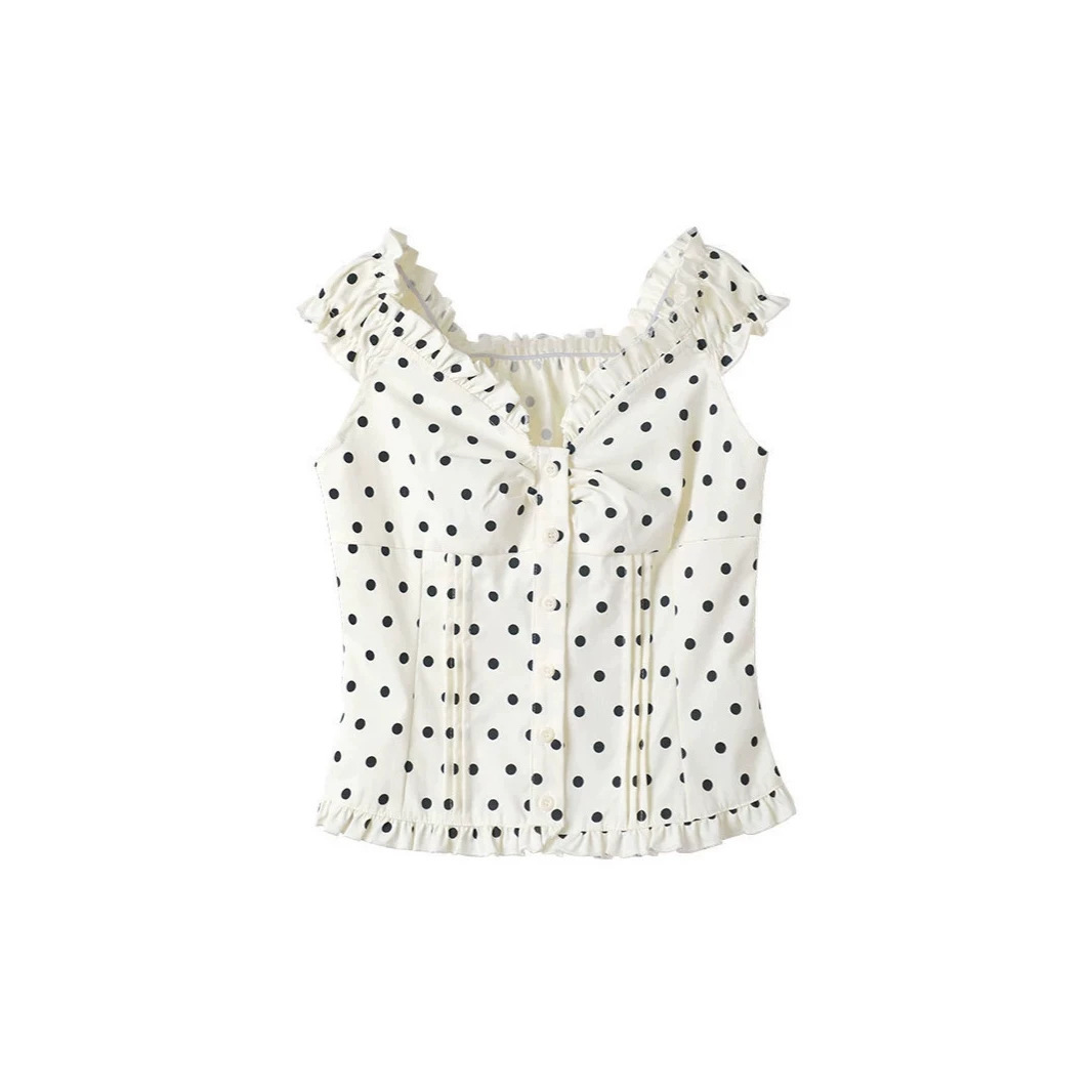 Polka-dot Off-shoulder Waist-cinching Slim-fit Blouse For Women - Image 6