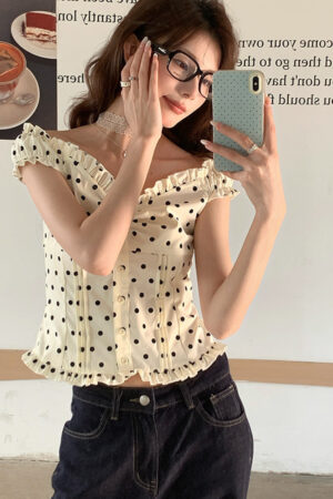 Polka-dot Off-shoulder Waist-cinching Slim-fit Blouse For Women