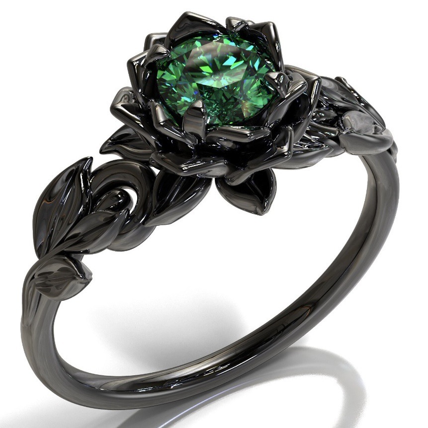 Stylish Gun Black Womens Floral Ring Creative Rose Style Hand Jewelry With Green Diamond Accents - Image 2