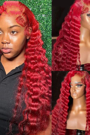 Red Deep Wave Human Hair Wig Real Headgear