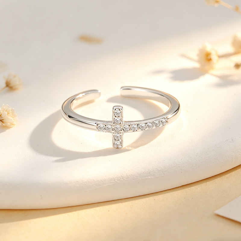 European And American Niche Design Rhinestone-studded Cross Ring - Image 2