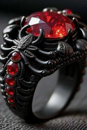 Alloy-inlaid Ruby Gun-black Ring