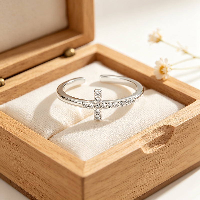 European And American Niche Design Rhinestone-studded Cross Ring - Image 3
