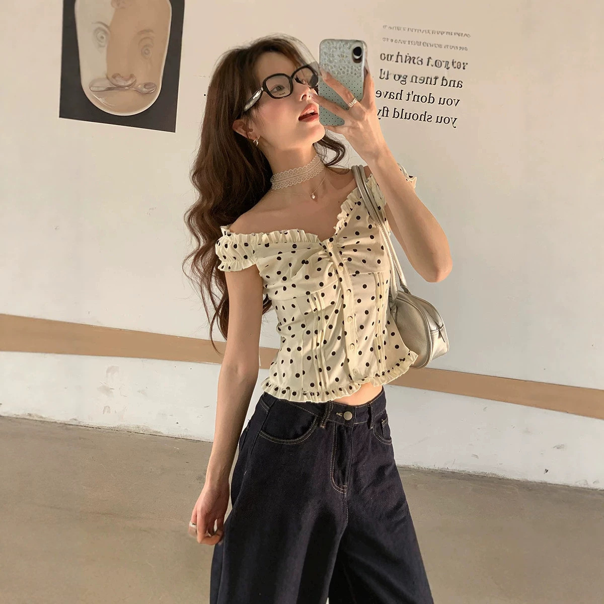 Polka-dot Off-shoulder Waist-cinching Slim-fit Blouse For Women - Image 2
