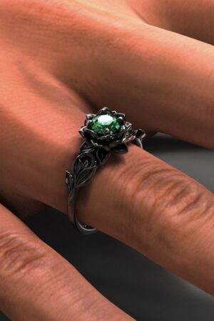 Stylish Gun Black Womens Floral Ring Creative Rose Style Hand Jewelry With Green Diamond Accents