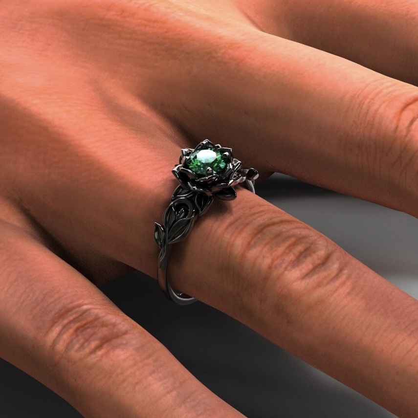 Stylish Gun Black Womens Floral Ring Creative Rose Style Hand Jewelry With Green Diamond Accents
