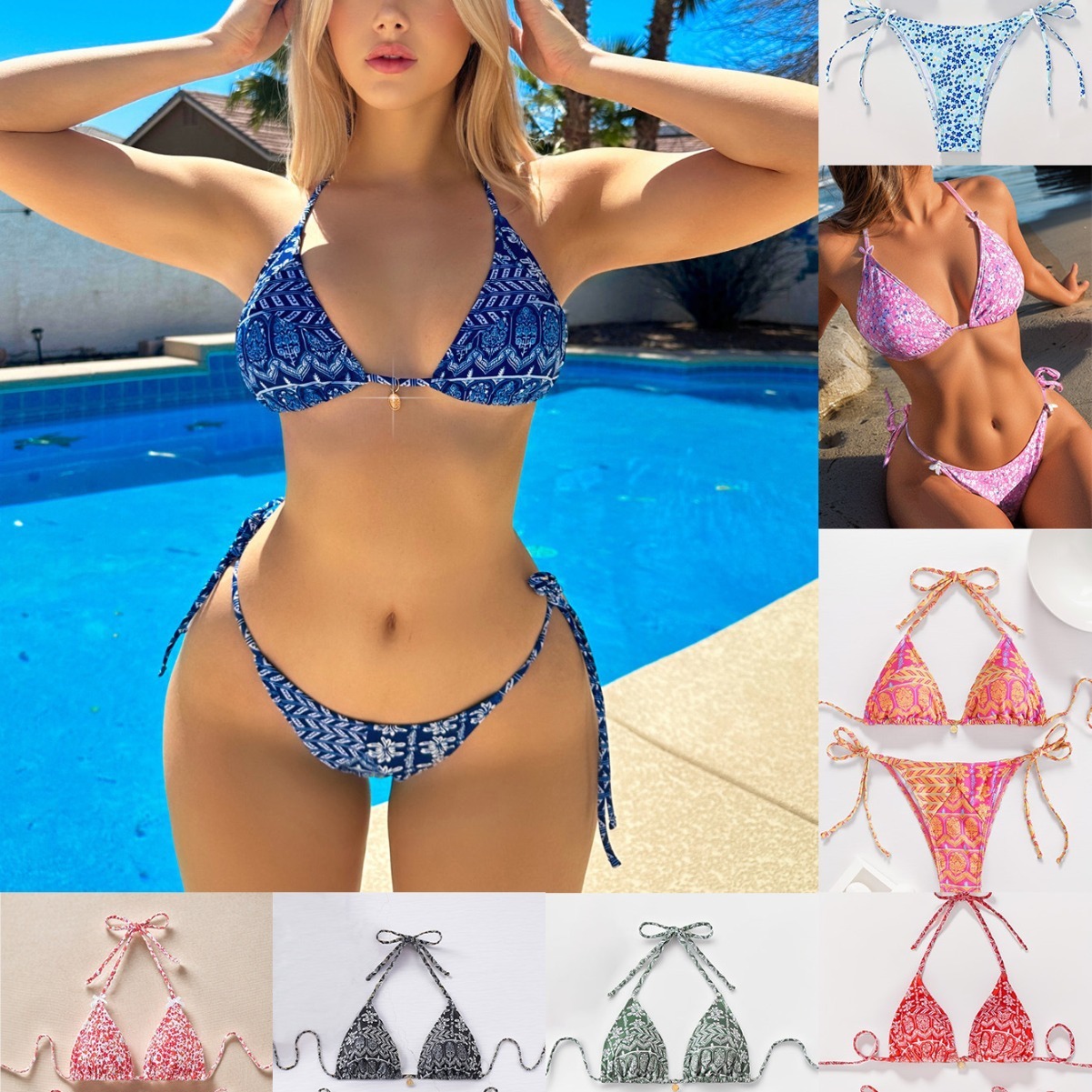 Women Printed Lace-up Bikini Split Swimsuit Swimwear - Image 3