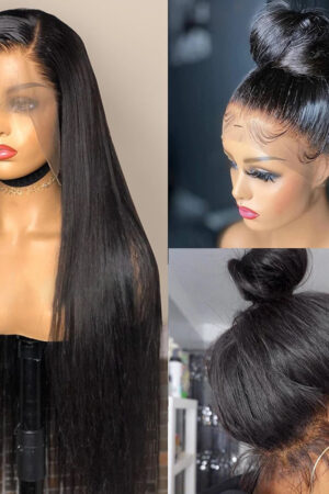 Real Human Hair Lace Wig Set Straight Hair Black Medium Length