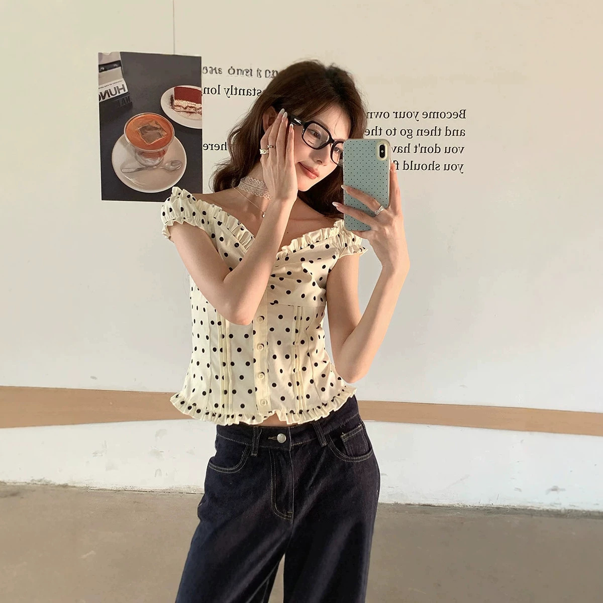 Polka-dot Off-shoulder Waist-cinching Slim-fit Blouse For Women - Image 3