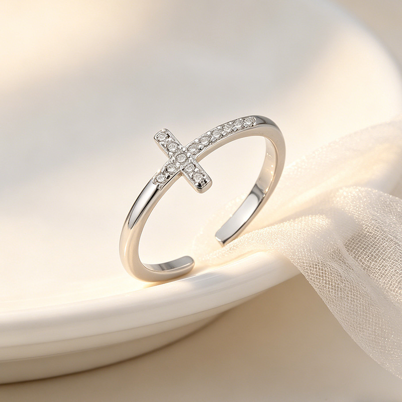 European And American Niche Design Rhinestone-studded Cross Ring
