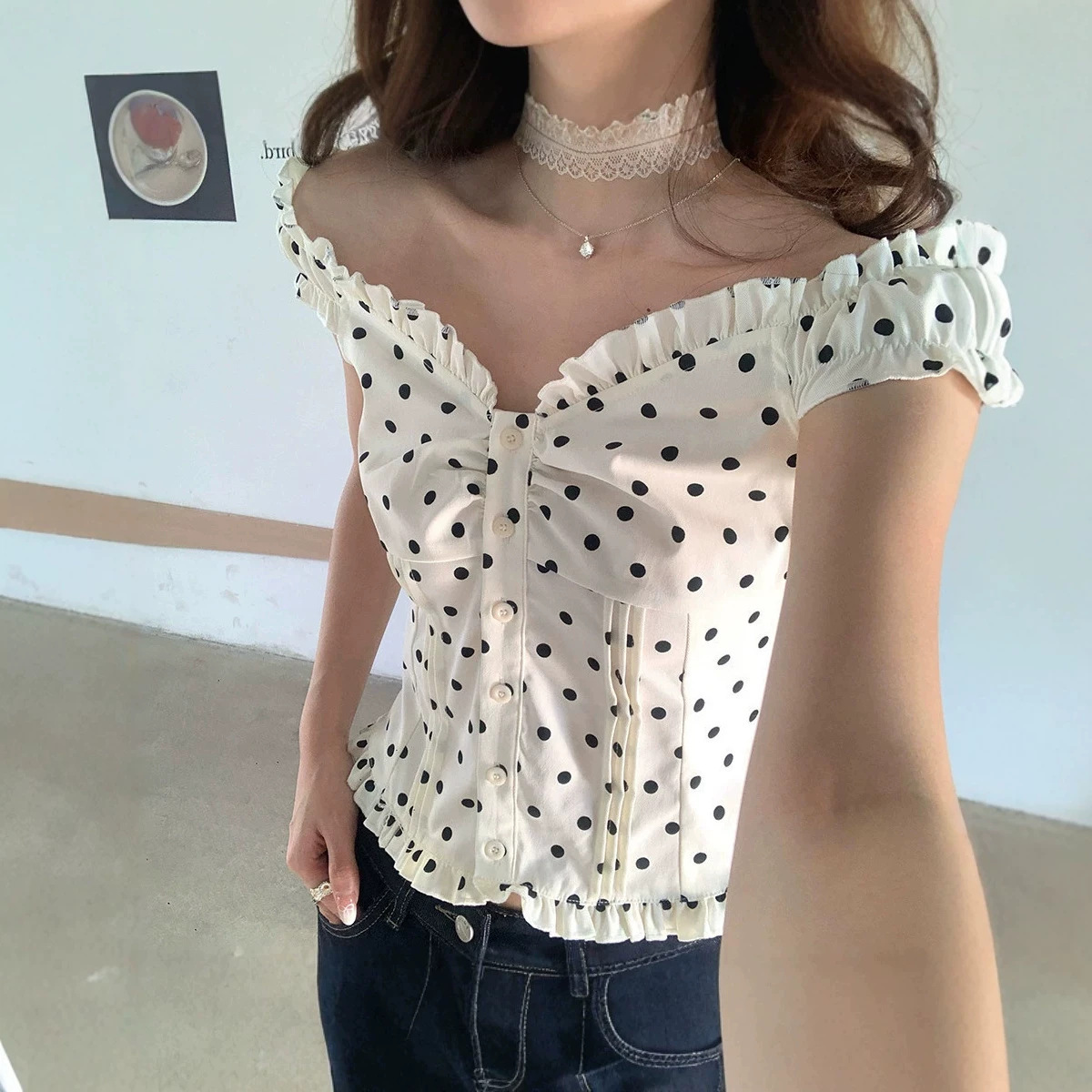 Polka-dot Off-shoulder Waist-cinching Slim-fit Blouse For Women - Image 5
